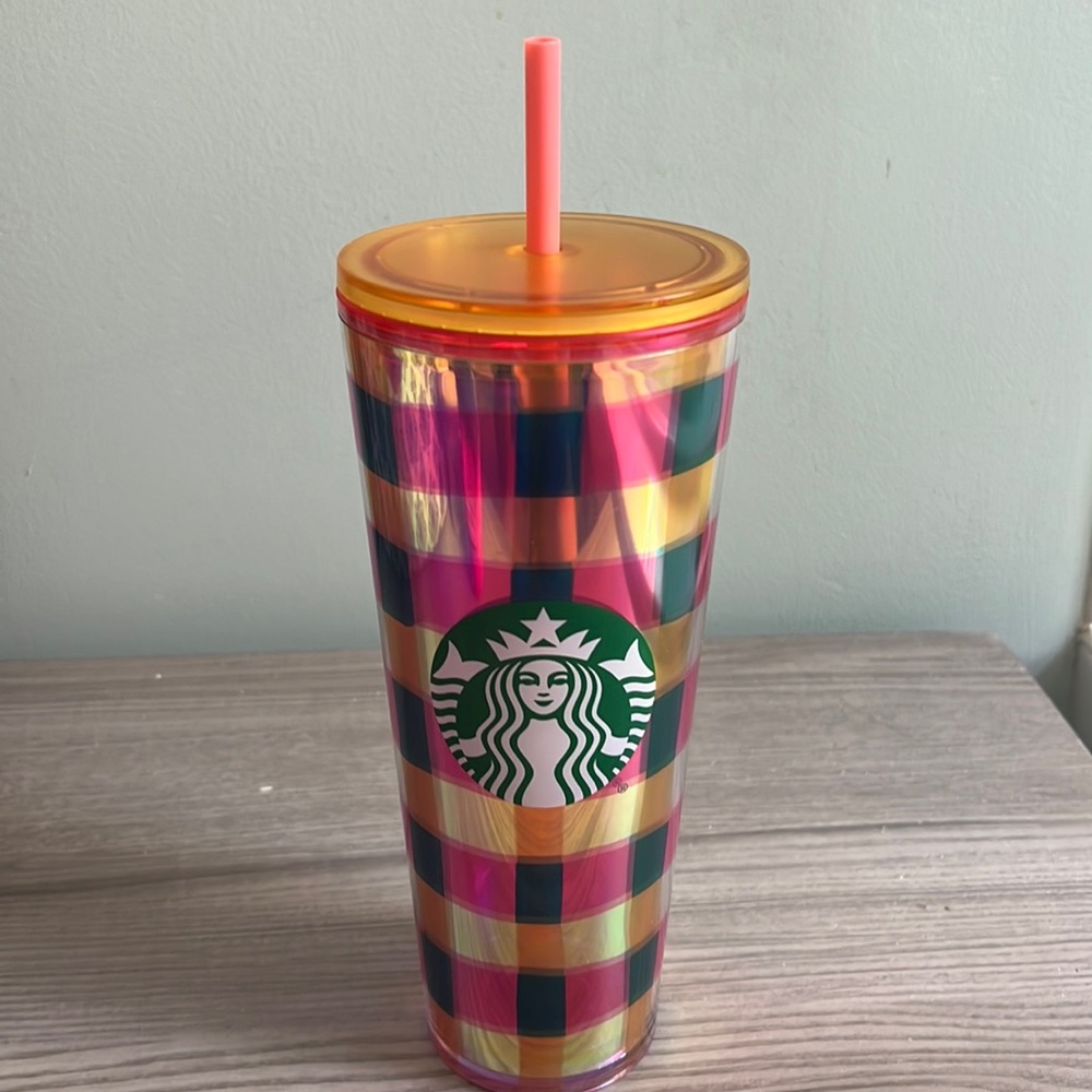 💗🧡Starbucks 2023 Pink Orange ‘Picnic Blanket’ Checkered Plaid Tumbler